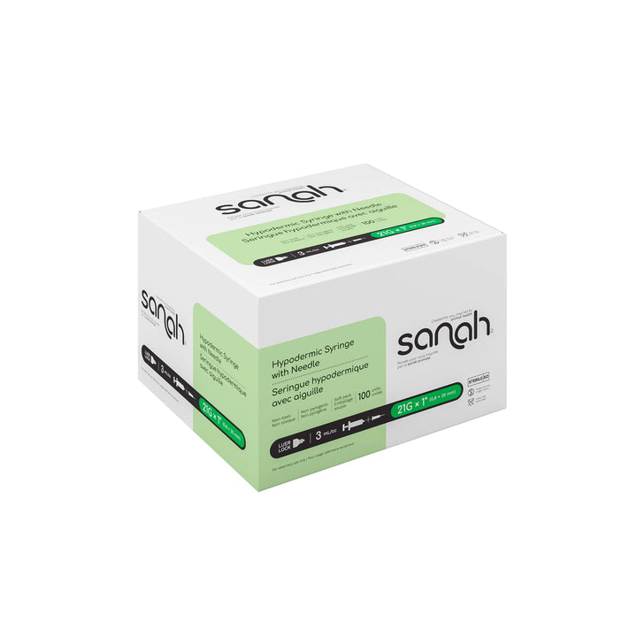 Sanah Hypodermic Syringes with Pre-Attached Needle, Luer Lock, 100/Box