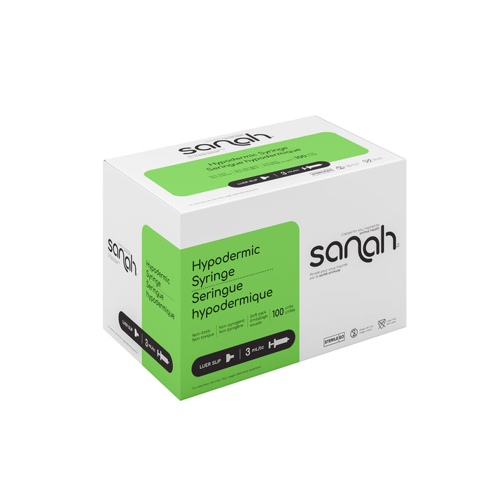 Sanah Hypodermic Syringes, Luer Slip, Sterile, 100/Box