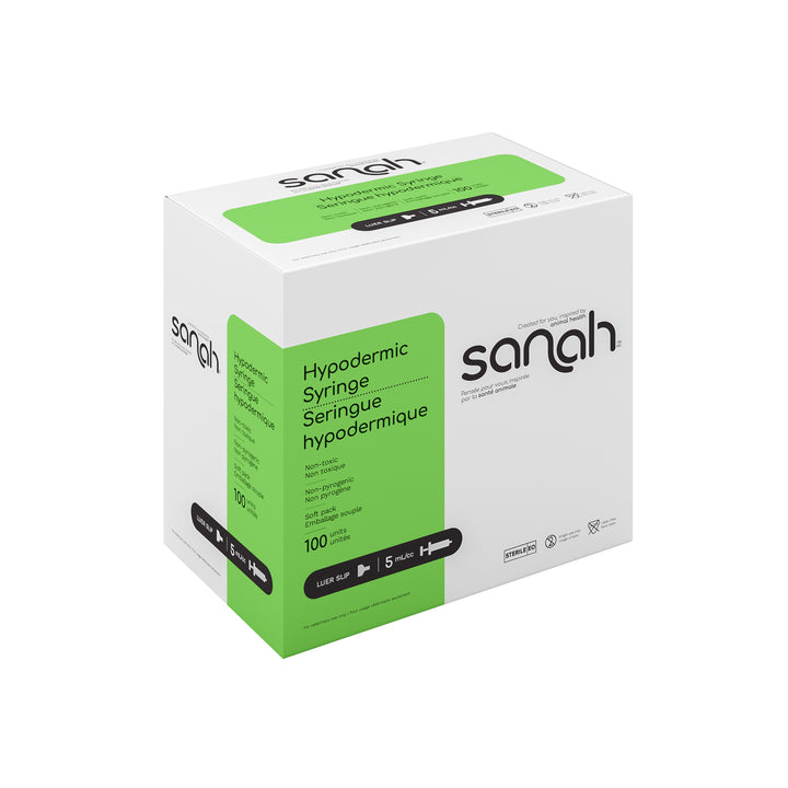 Sanah Hypodermic Syringes, Luer Slip, Sterile, 100/Box