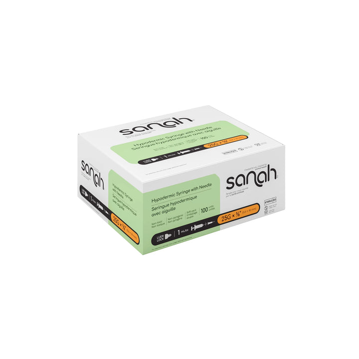 Sanah Hypodermic Syringes with Pre-Attached Needle, Luer Lock, 100/Box