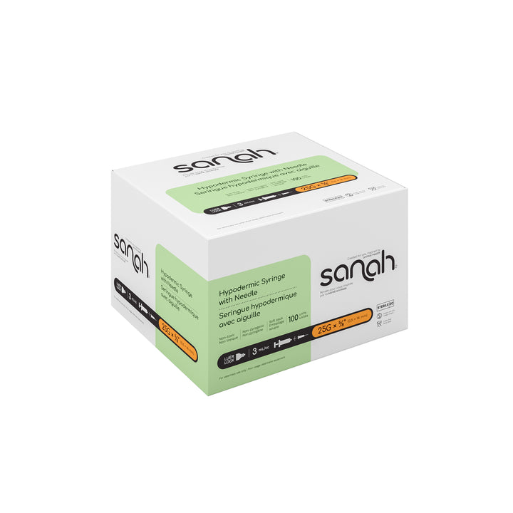 Sanah Hypodermic Syringes with Pre-Attached Needle, Luer Lock, 100/Box