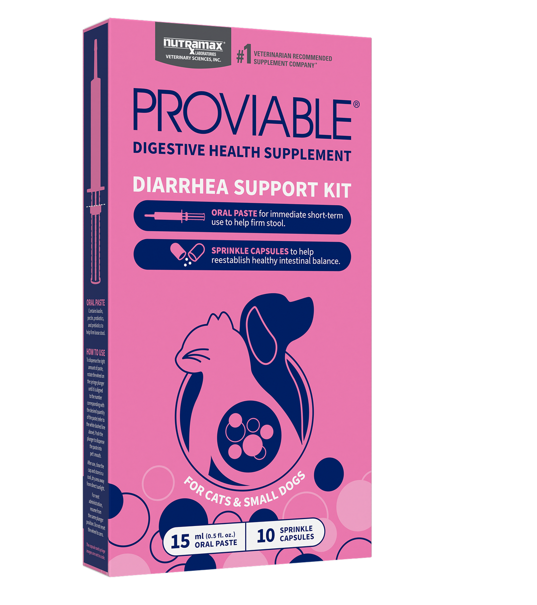 Nutramax Proviable Diarrhea Support Kit for cats and small dogs (15 ml oral paste, 10 sprinkle caps)